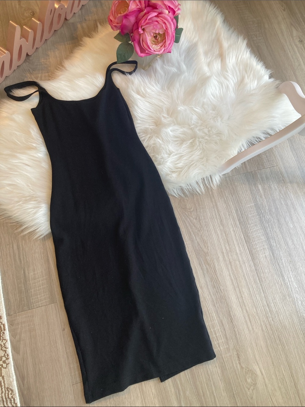 American Apparel Black Midi Bodycon Dress with Straps Size Small
